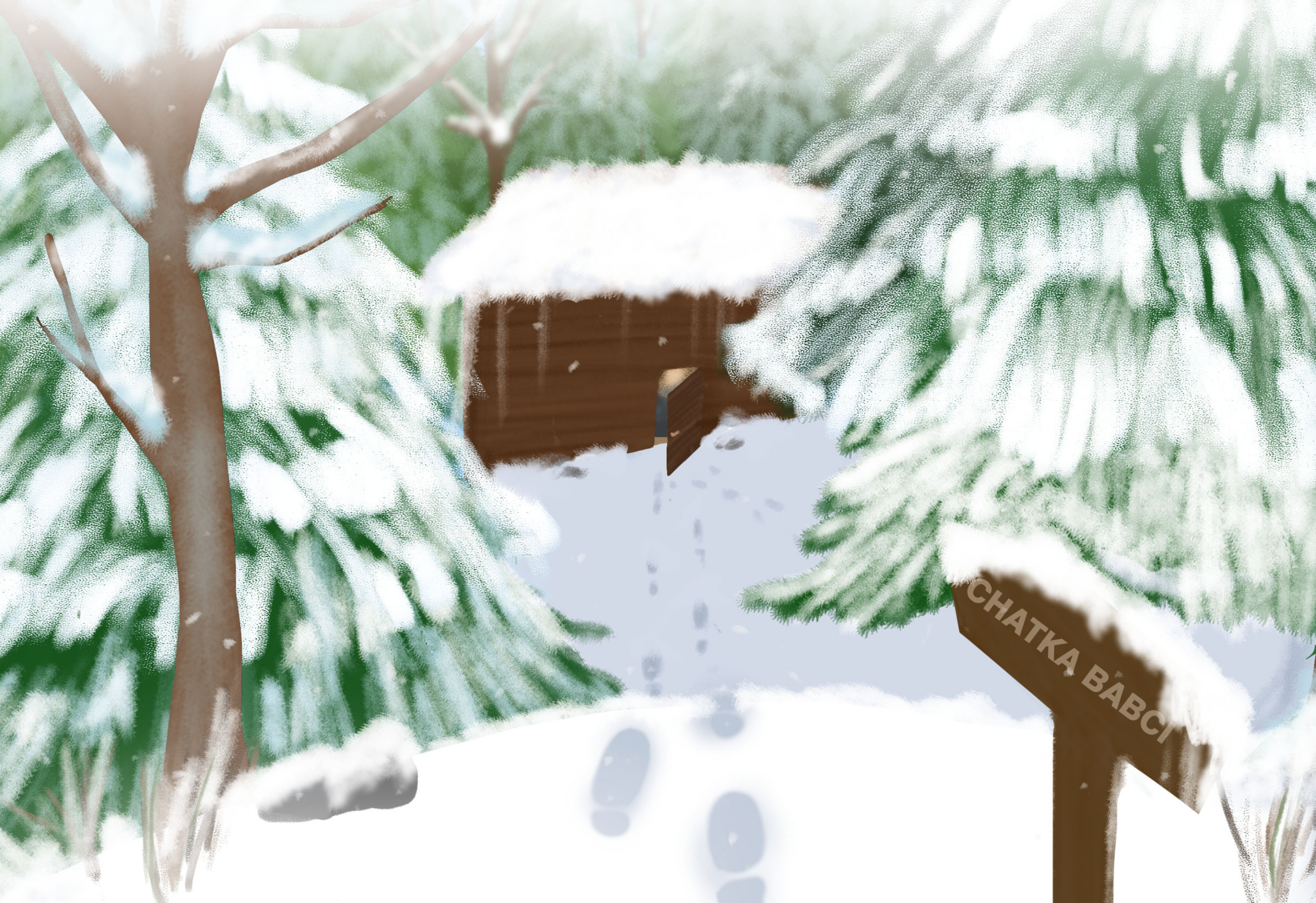 Las, zaśnieżone drzewa, ślady na śniegu prowadzące do drewnianej chatki – grafika akcji